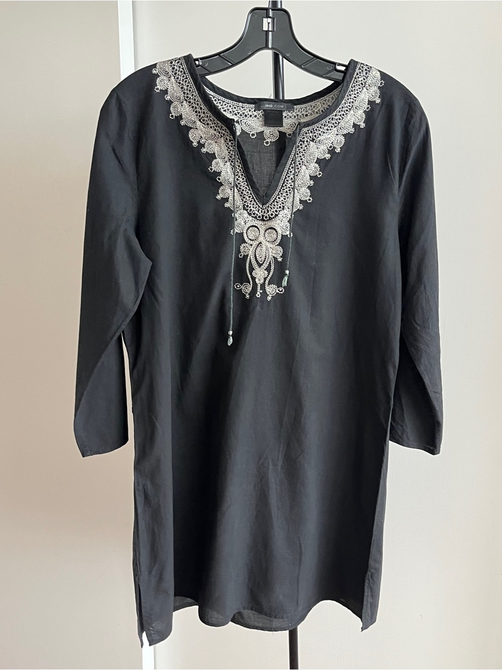 ING.com FabIndia Style Tunic Top Kurta Black Silver Zari Embroidery 100% Cotton